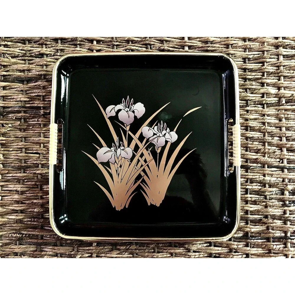 VINTAGE JAPANESE LACQUER SQUARE SERVING TRAY BLACK GOLD IRIS FLOWER WICKER